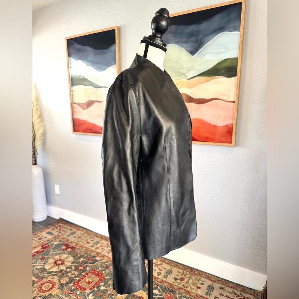 Pamela Dennis Black Leather Collarless Jacket - Picture 5 of 9